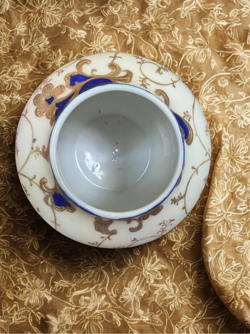 White and Cobalt Blue Porcelain Vase with Gold Floral Accents